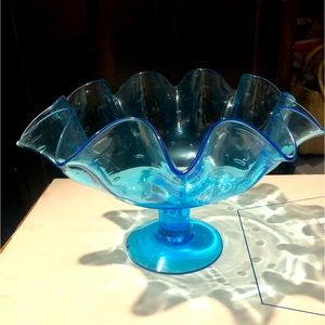 Fenton Glass Candy Dish Colonial Blue Thumbprint Comport Pedestal Ruffled
